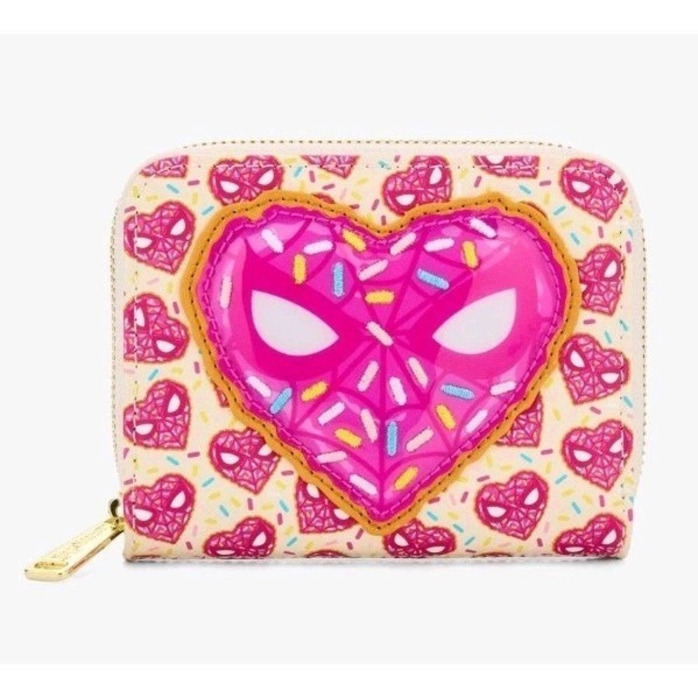 NWT Loungefly Marvel Spider-Man‎ Sprinkle Donut Mask Accordion HOT PINK WALLET